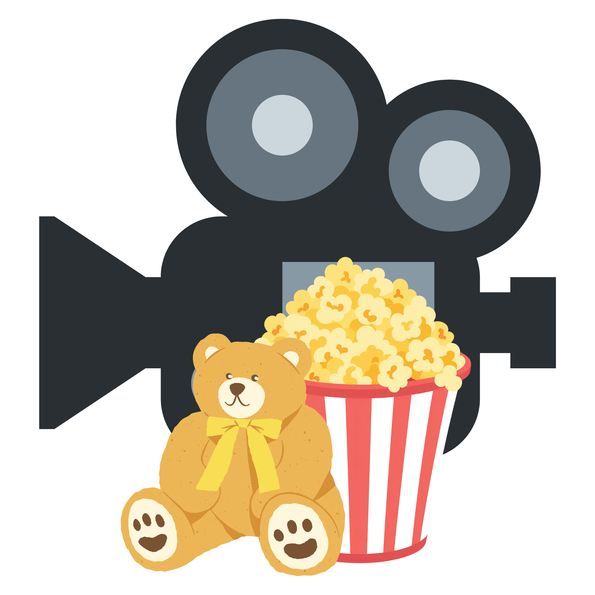 Movie camera, popcorn, and a teddy bear