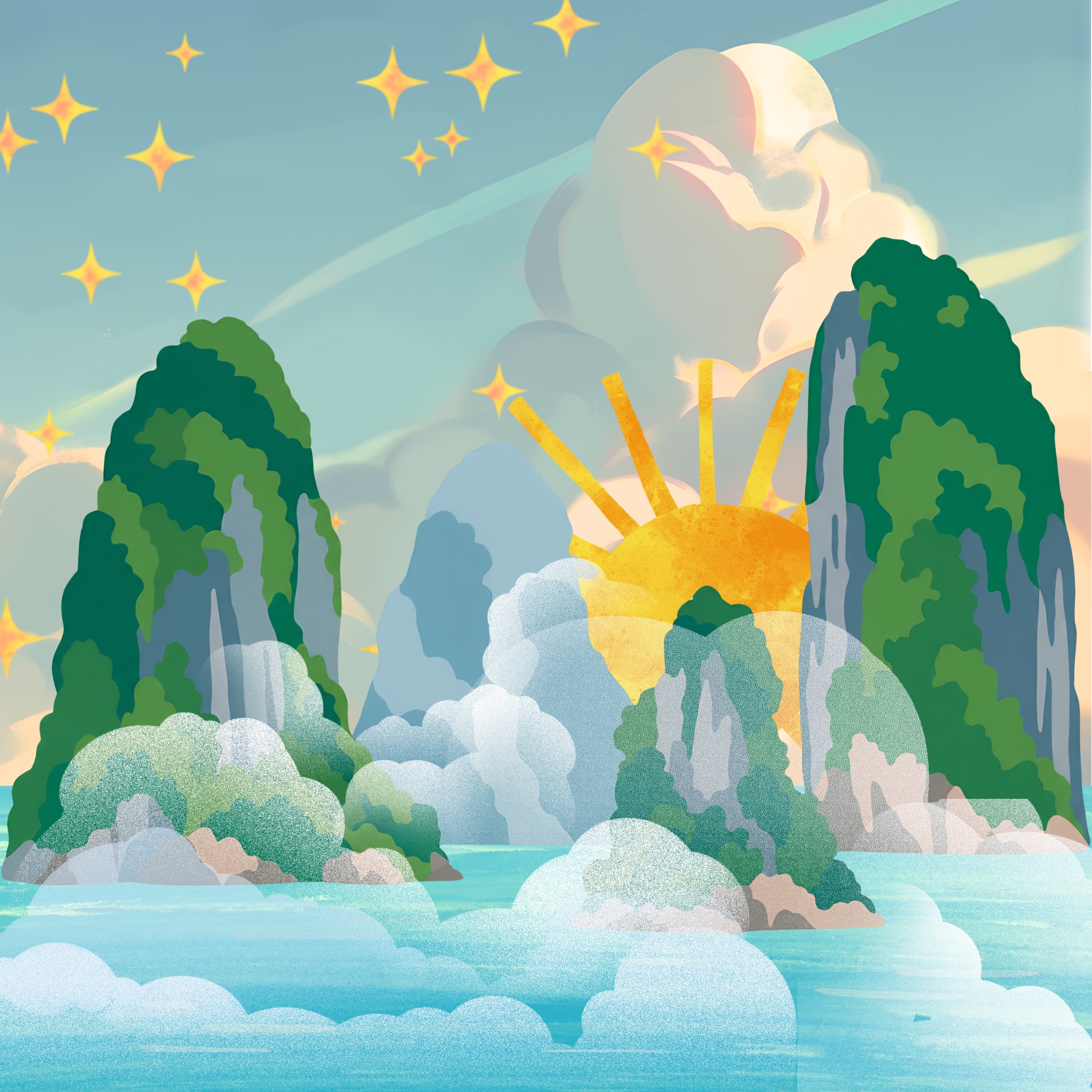 Illustrated island with cliffs, sun, and clouds